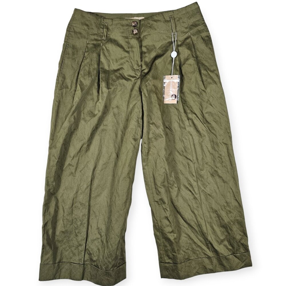 Michael Kors Collection Olive Green 100% Linen Wide Leg Crop Pants Women's 2 NWT
